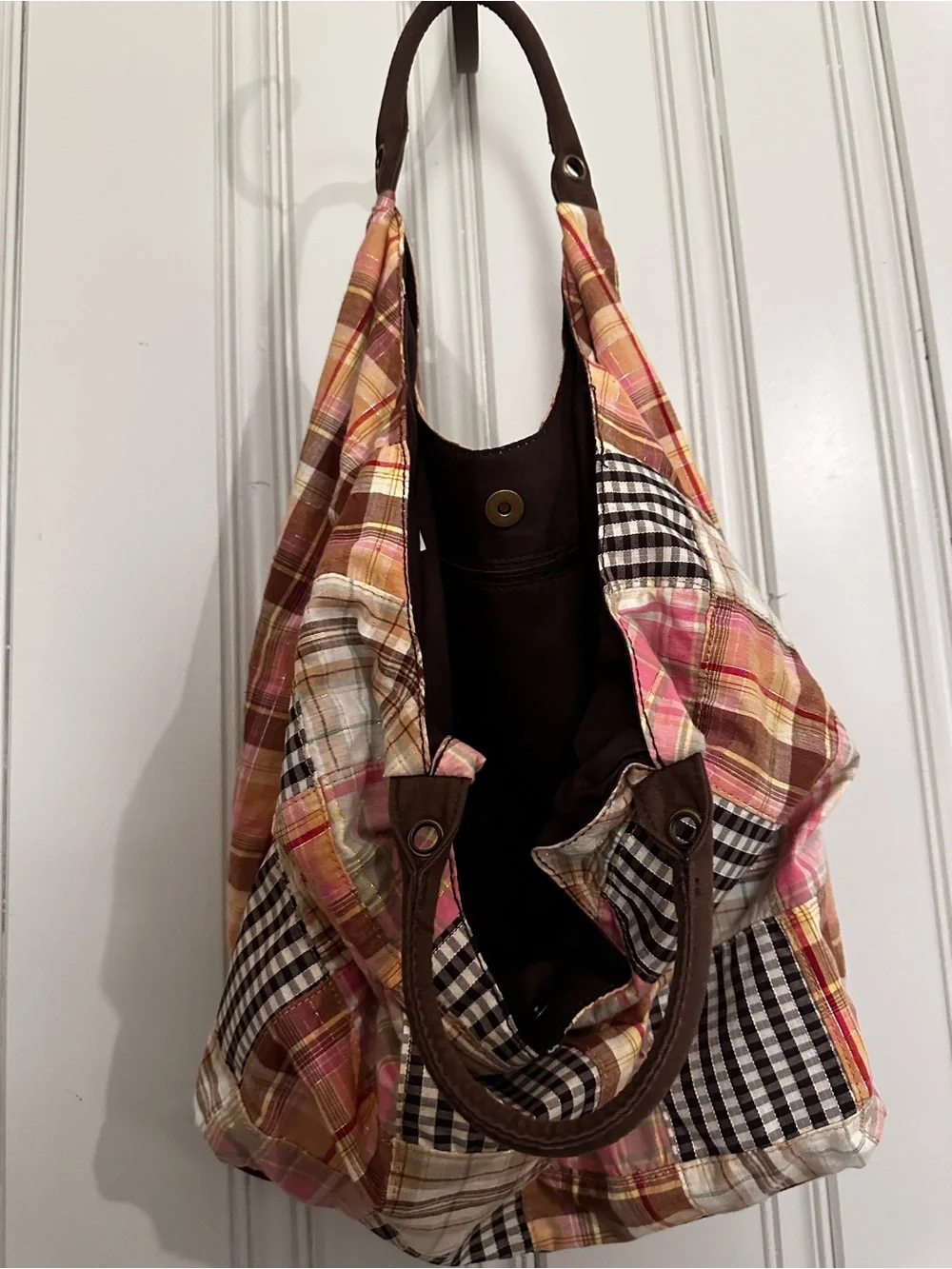 Bohemian 100% Cotton Patchwork Pink Plaid Shoulder Bag double sided